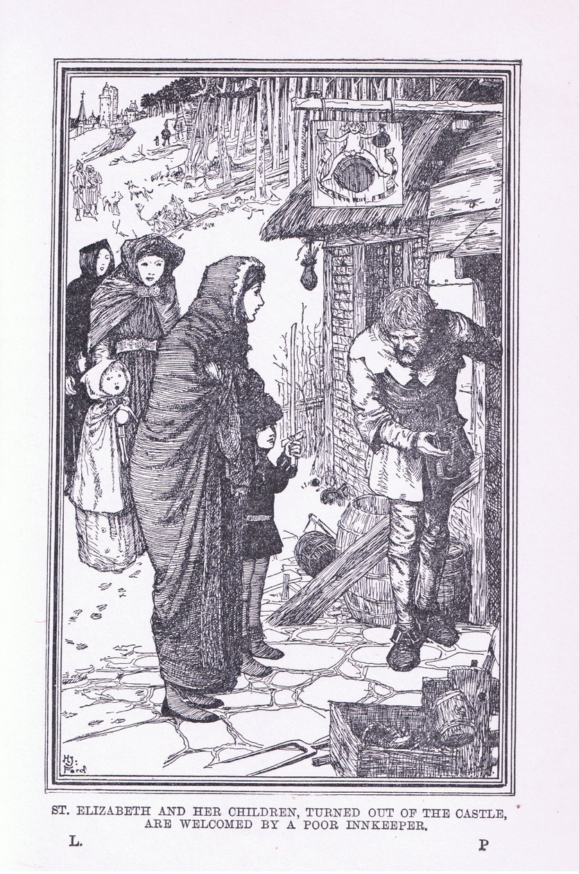 Szent Erzsébet és gyermekei, kifordultak a kastélyból, és a szegény fogadós fogadta őket, 1912 alkotó: Henry Justice Ford