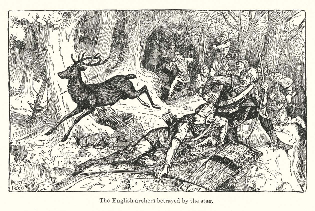 A szarvas által elárult angol íjászok (litográfia) alkotó: Henry Justice Ford