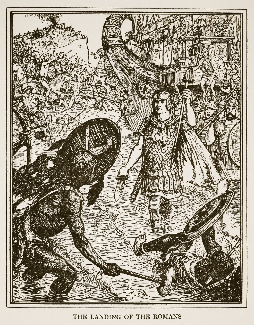 A rómaiak partraszállása, illusztráció az „Anglia történetéből”, C.R.L. Fletcher és Rudyard Kipling, 1911 alkotó: Henry Justice Ford