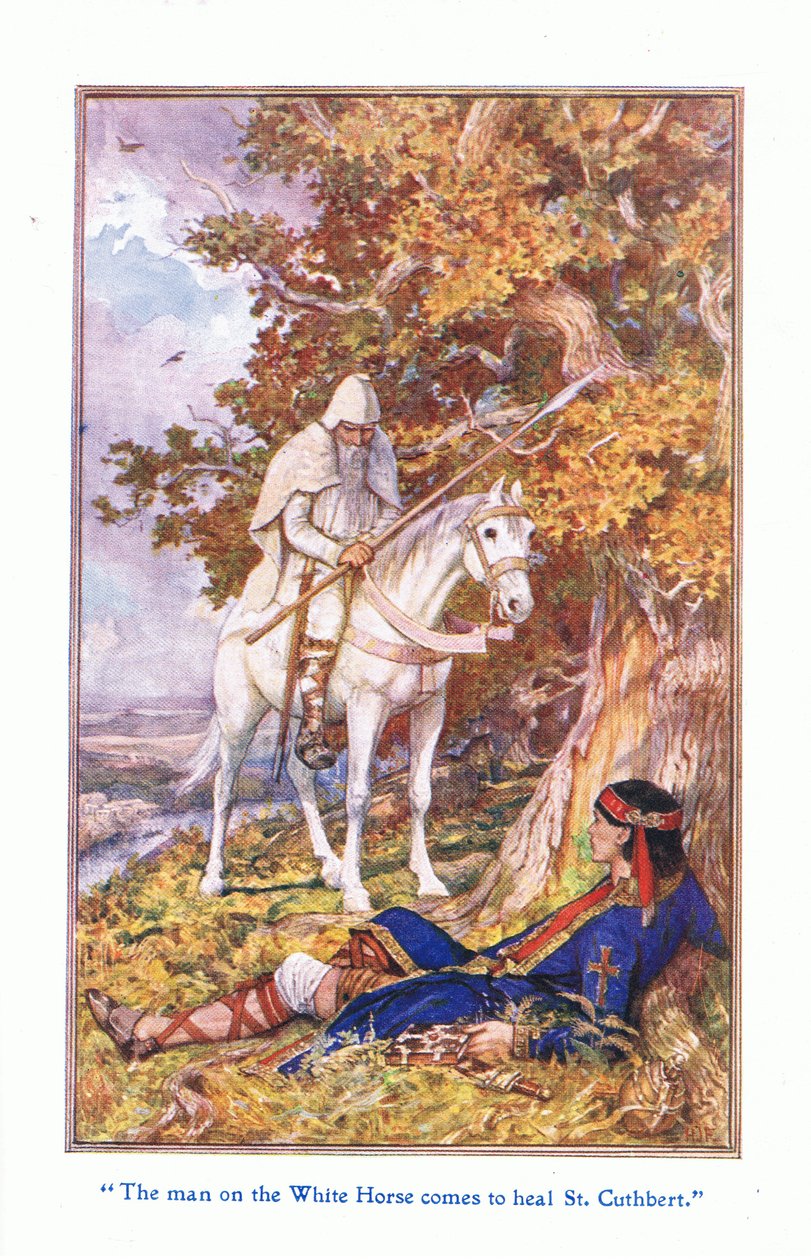 A fehér lovon ülő férfi meggyógyítja St Cuthbertet, 1912 alkotó: Henry Justice Ford