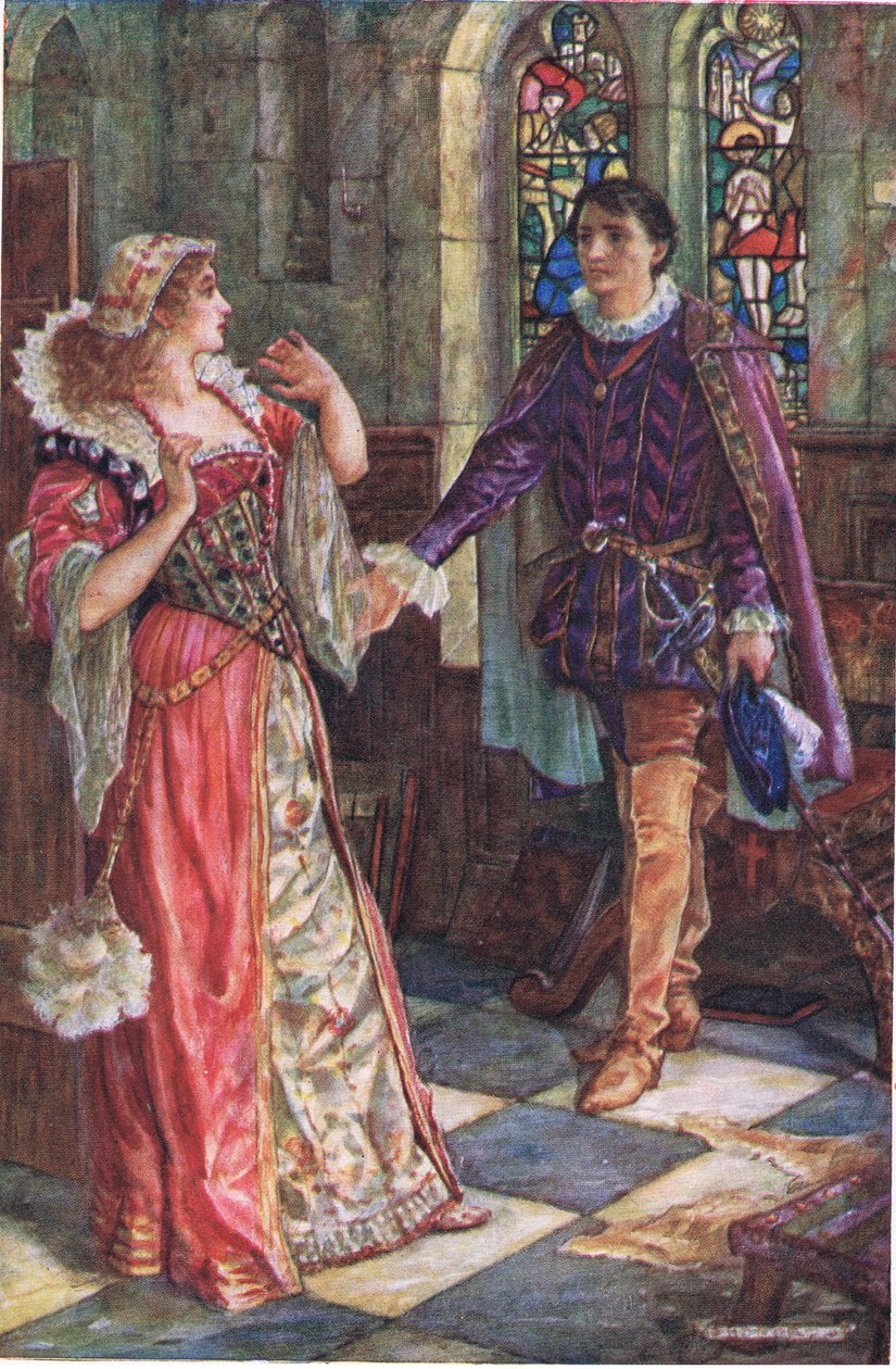 Amy és Tresilian találkozása a Cumnor Place-ben, illusztráció a „Kenilworth”-ből, 1910 körül (színes litó) alkotó: Henry Justice Ford