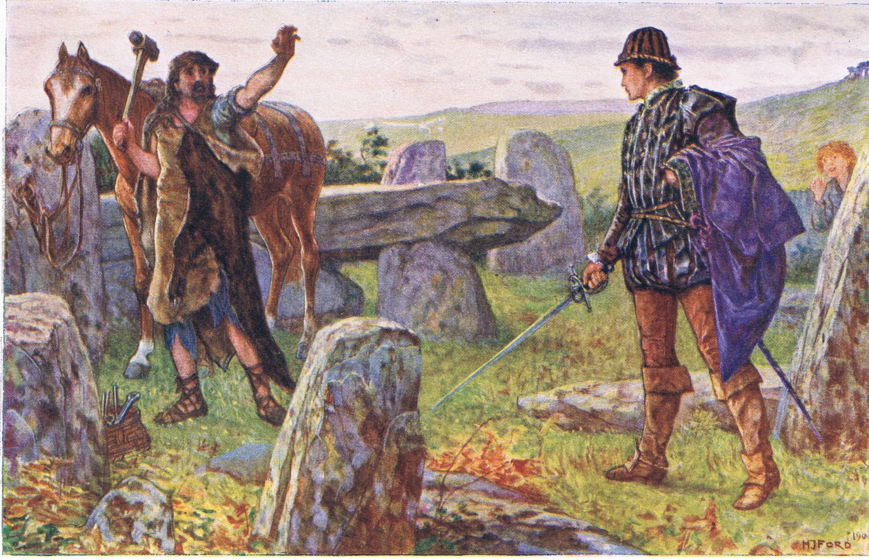 Tresilian szembeszáll a titokzatos patkolókovácssal, illusztráció: Kenilworth, 1910 körül alkotó: Henry Justice Ford