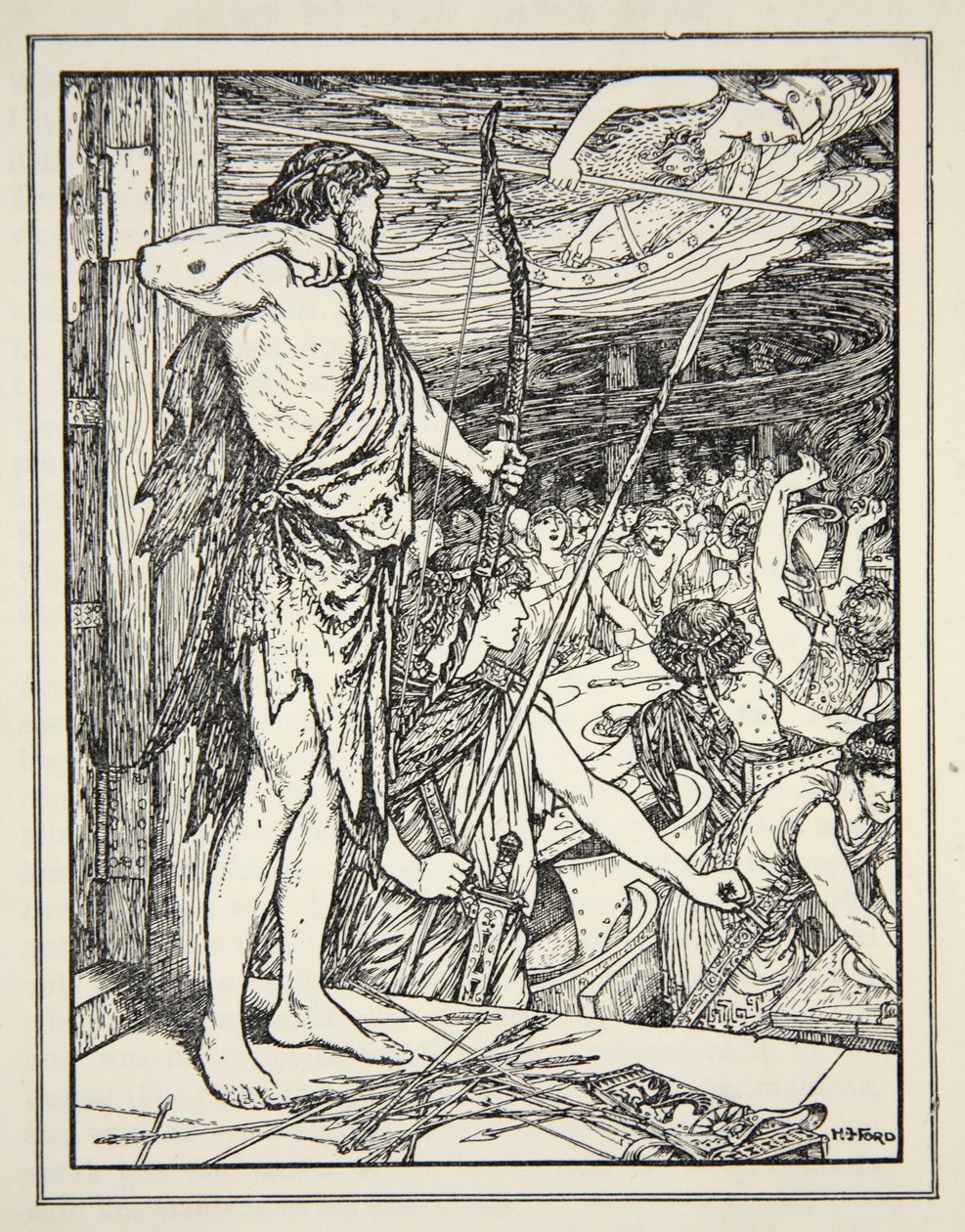 Ulysses lövi az első nyílvesszőt a Wooers-re, Andrew Lang „A görög tenger meséiből” alkotó: Henry Justice Ford
