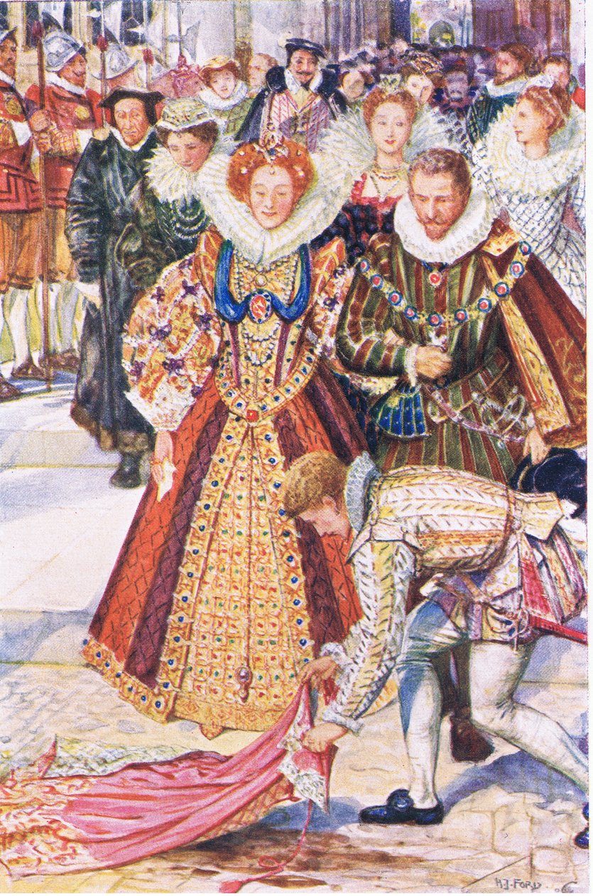 Walter Raleigh feláldozza köpenyét Erzsébet királynőért, illusztráció Kenilworthből, 1910 körül alkotó: Henry Justice Ford