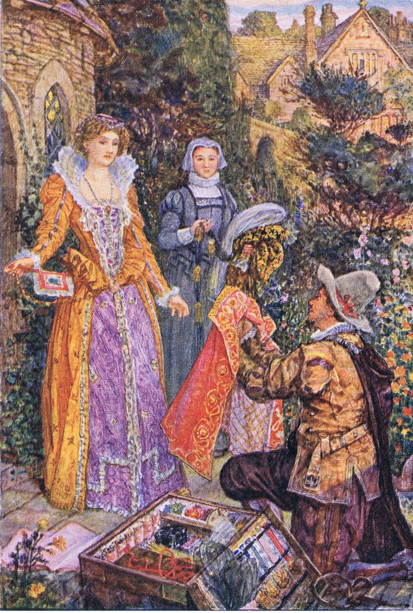 Wayland egy házaló szerepét játssza a kertben, illusztráció: Kenilworth, 1910 körül alkotó: Henry Justice Ford