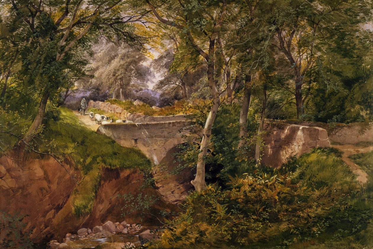 Erdős táj hídon átmenő juhokkal, 1868 alkotó: Henry Jutsum