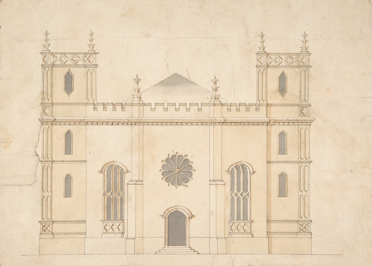 Újjáéledő gótikus templom homlokzata, 1745-76. alkotó: Henry Keene.