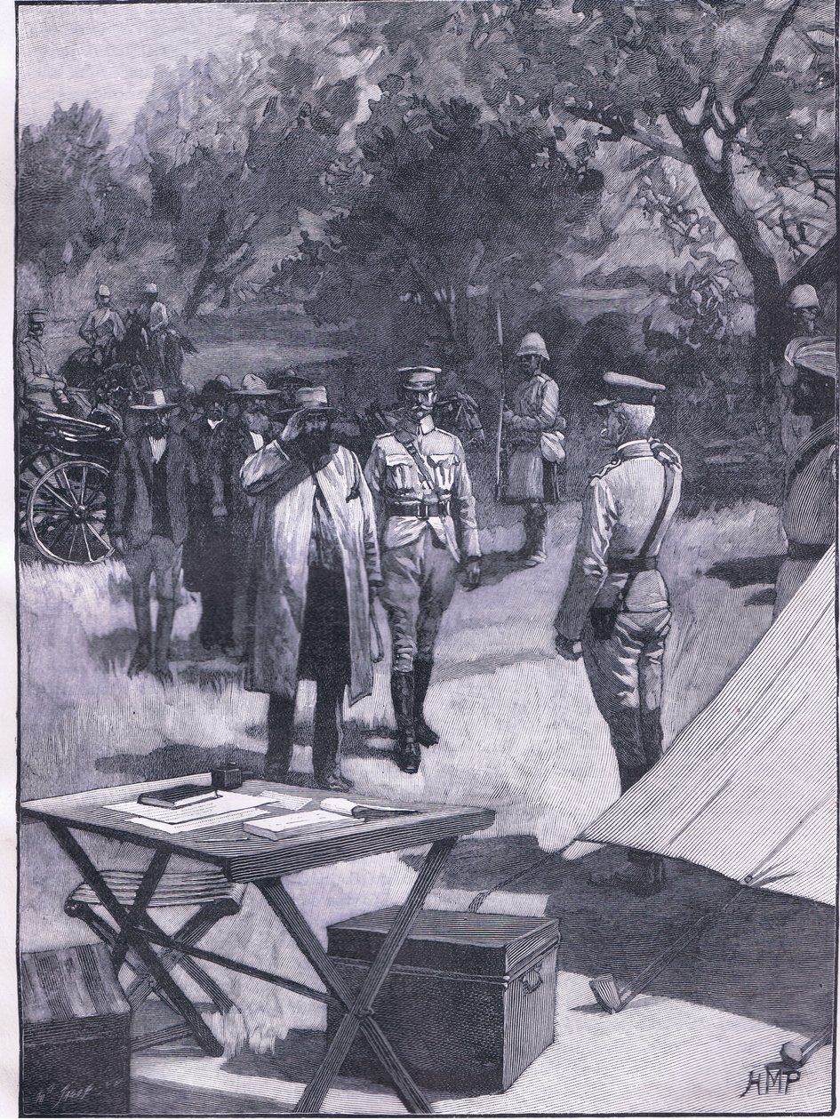 Cronjes megadása, illusztráció Cassells Anglia története, 1900-as évek alkotó: Henry Marriott Paget