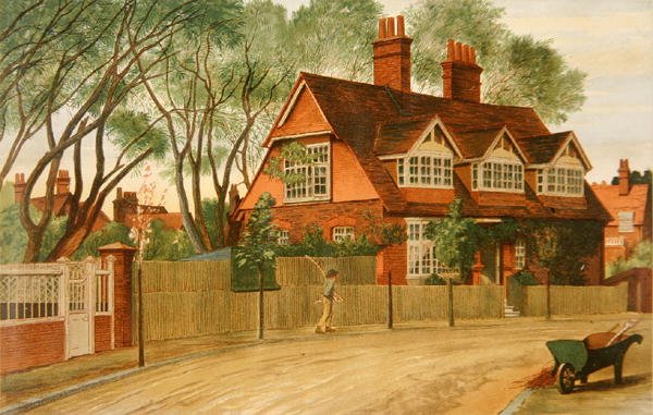 Queen Anne Gardens északra néz, Bedford Park, Chiswick (színes litó) alkotó: Henry Marriott Paget