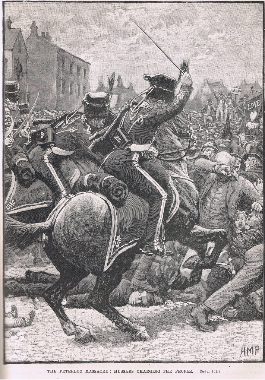 Peterloo-i mészárlás a huszárokkal az emberek ellen, illusztráció Cassell „Anglia illusztrált története” című művéből, 1910 körül. alkotó: Henry Marriott Paget