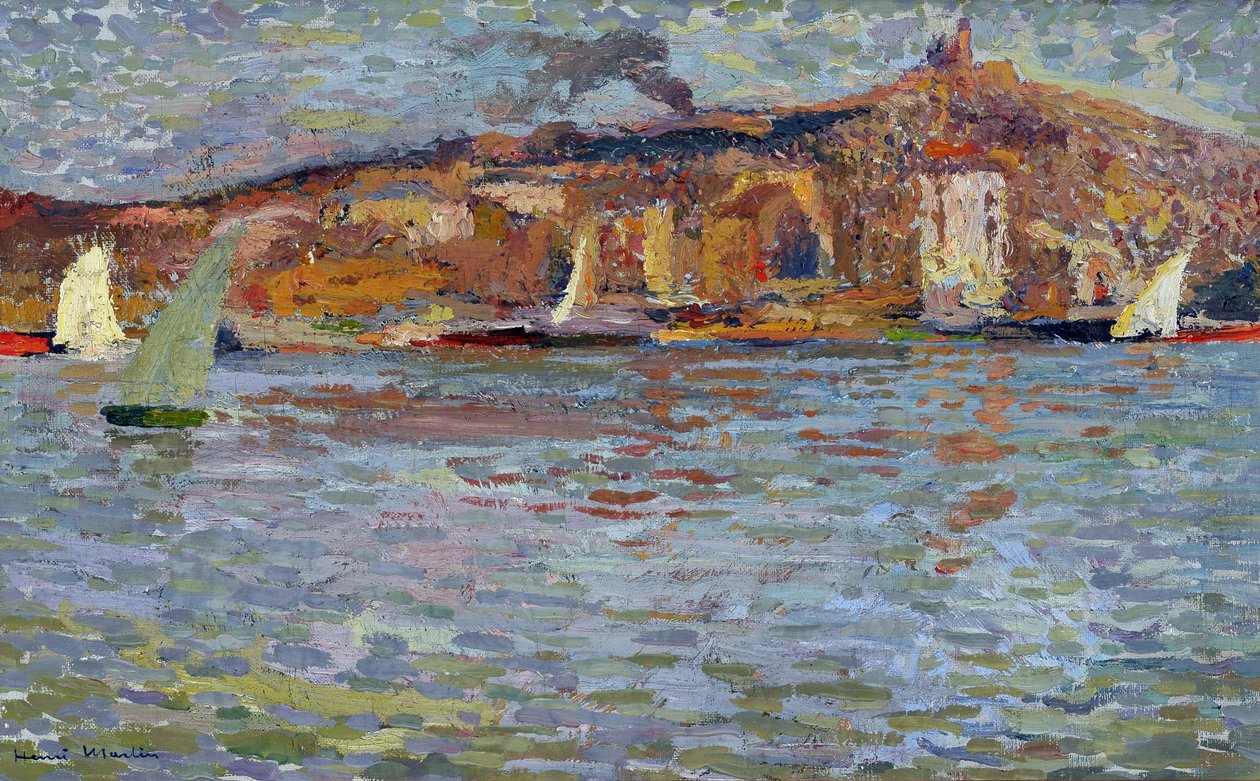 Marseille kikötője, a régi kikötő és a „Jó Anya” (Cathedrale Notre Dame de la Garde (Notre-Dame-de-la-Garde). Henri Martin (1835-1908) festménye. Olaj, vászon. Mérete: 38x61cm Kötelező említés: Regards de Provence alapítványi kollekció, Marseille alkotó: Henry Martin
