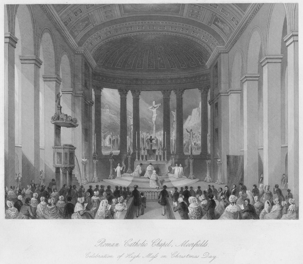 Római katolikus kápolna, Moorfields. Nagymise ünneplése karácsony napján, 1841 alkotó: Henry Melville