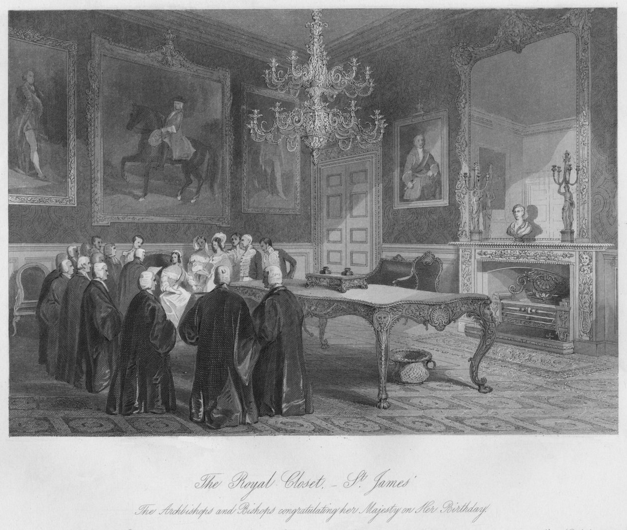 A királyi szekrény. - St. Jamess. Az érsekek és a püspökök gratulálnak Őfelségének születéséhez alkotó: Henry Melville