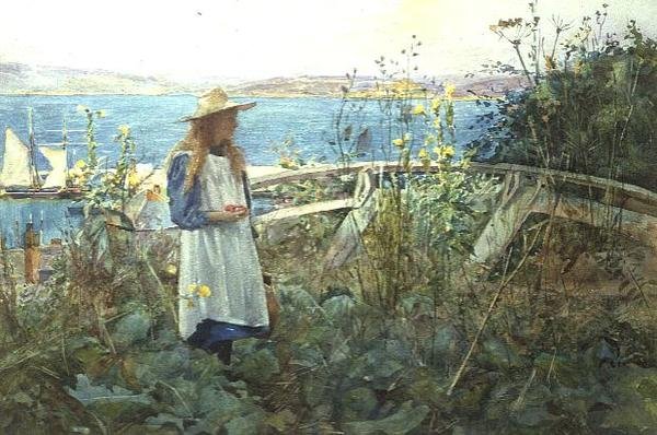 Egy lány a kertben a tenger mellett alkotó: Henry Meynell Rheam