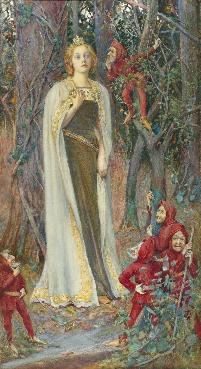 Preraffaelita festmények: Once Upon a Time (Hófehérke) (Blanche Neige) par Rheam, Henry Meynell (1859-1920). Akvarell, gouache, papír, 78x43. Magángyűjtemény alkotó: Henry Meynell Rheam