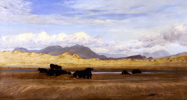 Észak-Wales partvidéke, szarvasmarhák sütkéreznek a tengerparton alkotó: Henry Moore