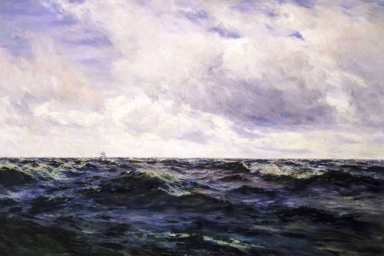 "Tengeri tájkép, balra egy hajótábla, jobbra pedig egy verseny közepén lévő hajó, mindkettő nagyon nagy távolságban ábrázolva. alkotó: Henry Moore
