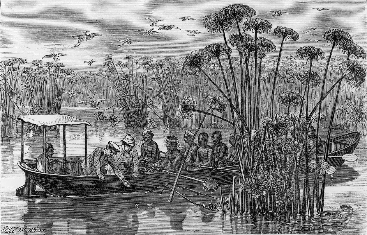 A Rusizi torkolatánál, a "Hogyan találtam meg Livingstone-t; utazások, kalandok és felfedezések Közép-Afrikában" című könyvből, 1867. alkotó: Henry Morton Stanley