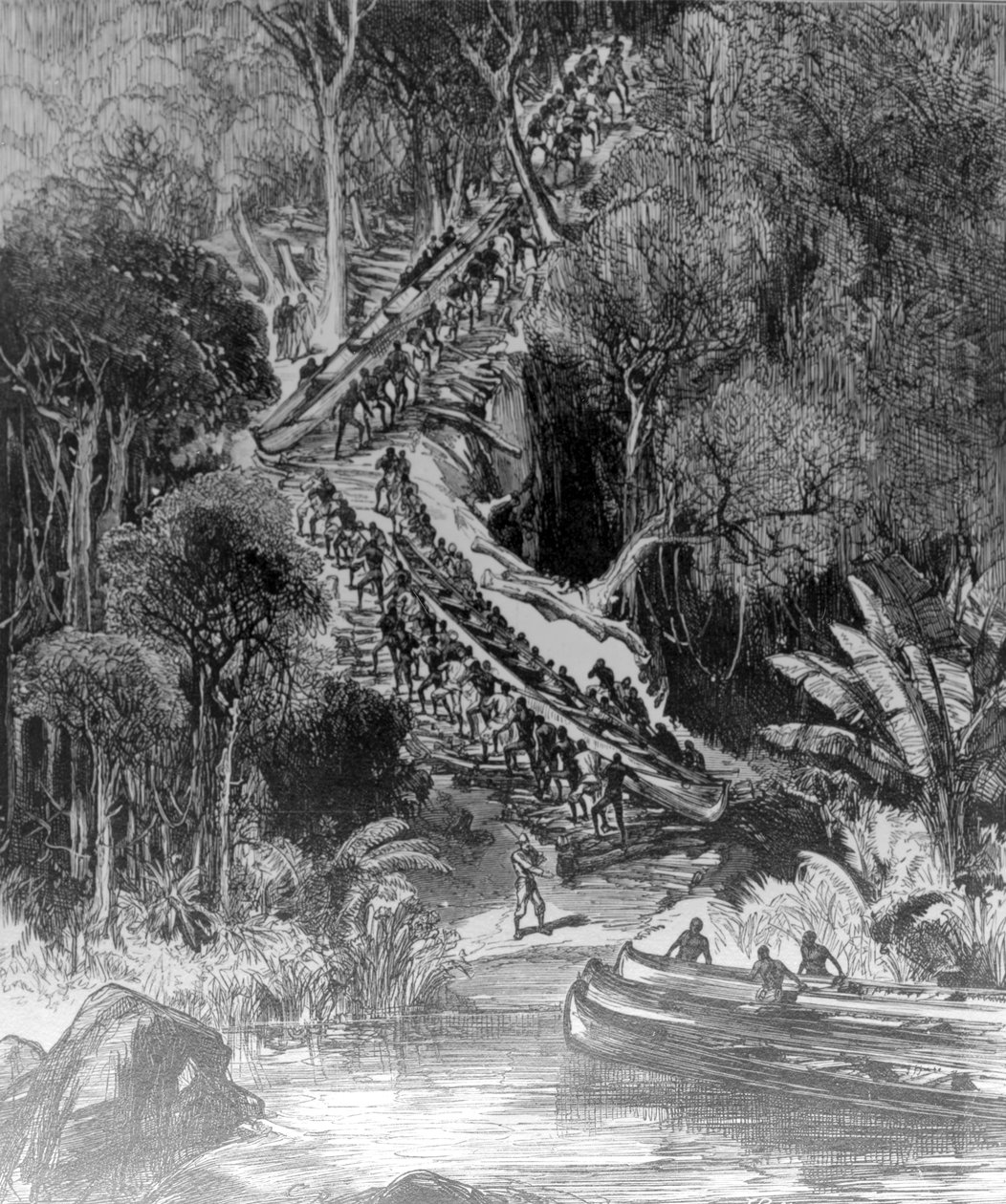 Kenuk vontatása az Inkisi vízesésnél, 1878. február 6-án megjelent a „The Illustrated London News” alkotó: Henry Morton Stanley