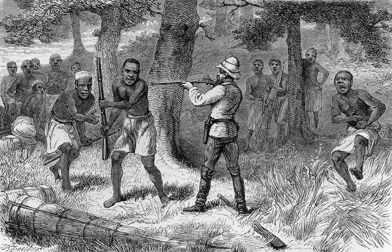 A Gombe folyó partján lázadó bennszülöttek, Tanzánia, metszet a How I found Livingstone-ból: utazások, kalandok és felfedezések Közép-Afrikában, Henry Morton Stanley (1841-1904), Sampson Low, Marston, Low és Searle kiadás, London alkotó: Henry Morton Stanley