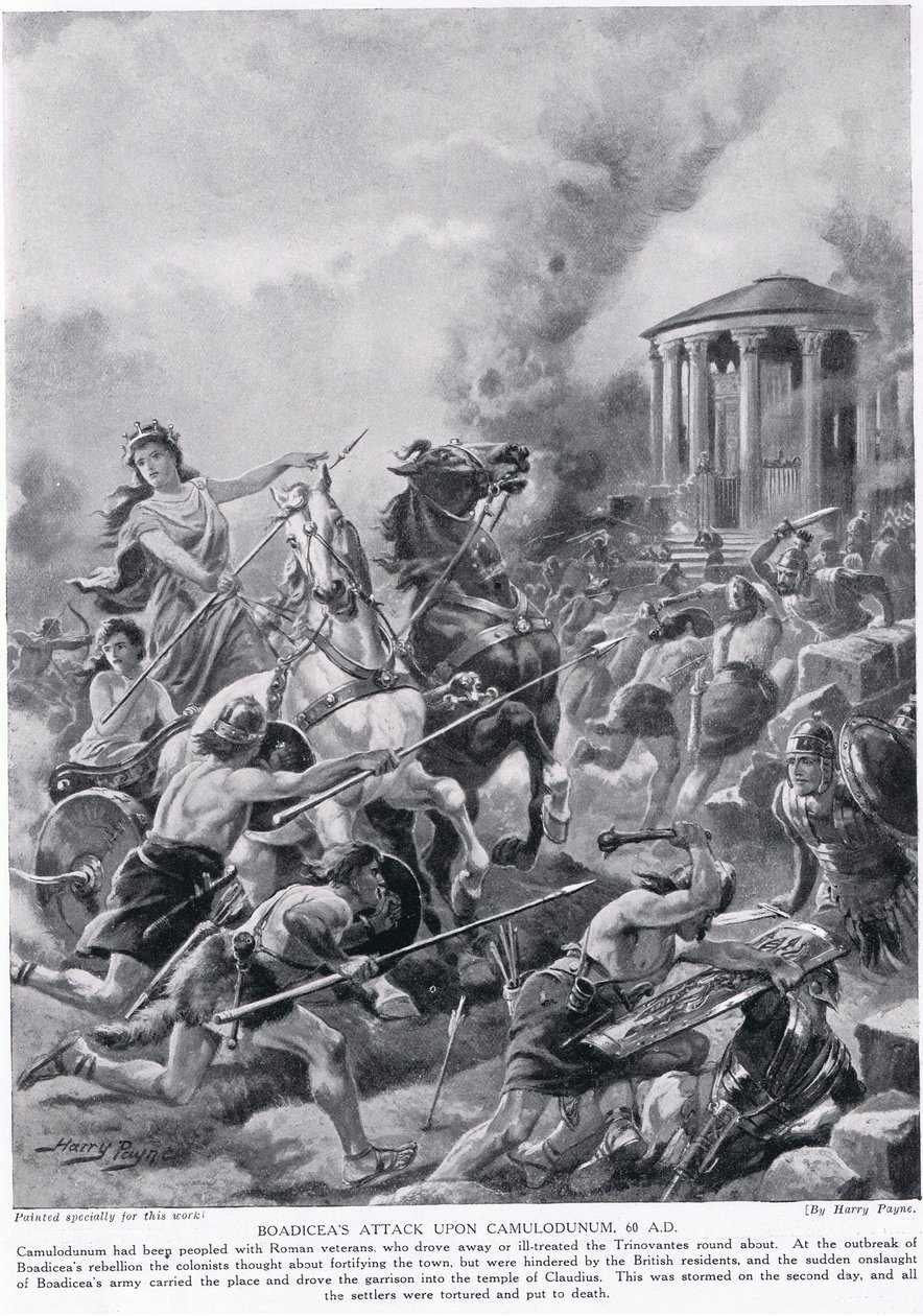 Boadicea támadása Camulodunum ellen, illusztráció a Hutchinson