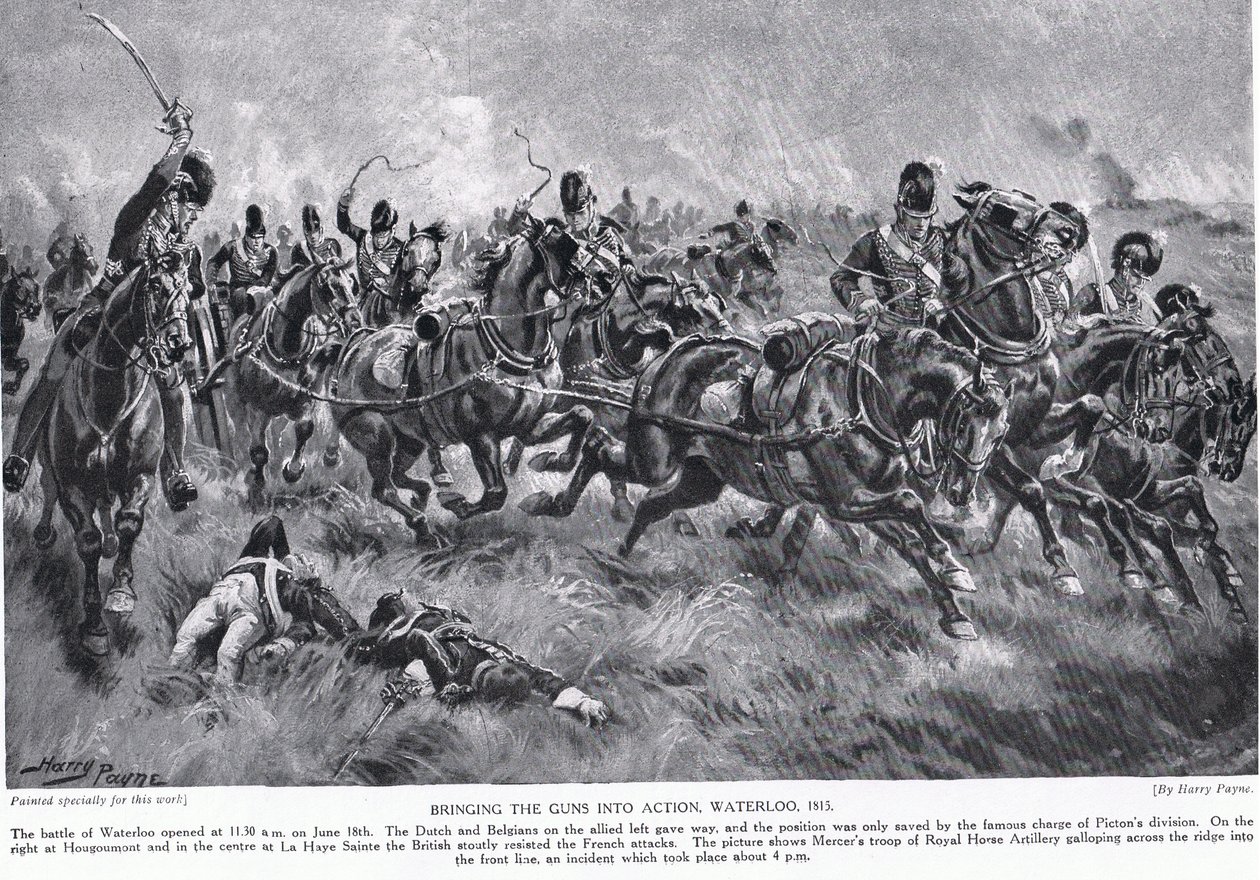 A fegyverek működésbe hozása, Waterloo, illusztráció a Hutchinson történetéből a brit nemzetről alkotó: Henry Payne