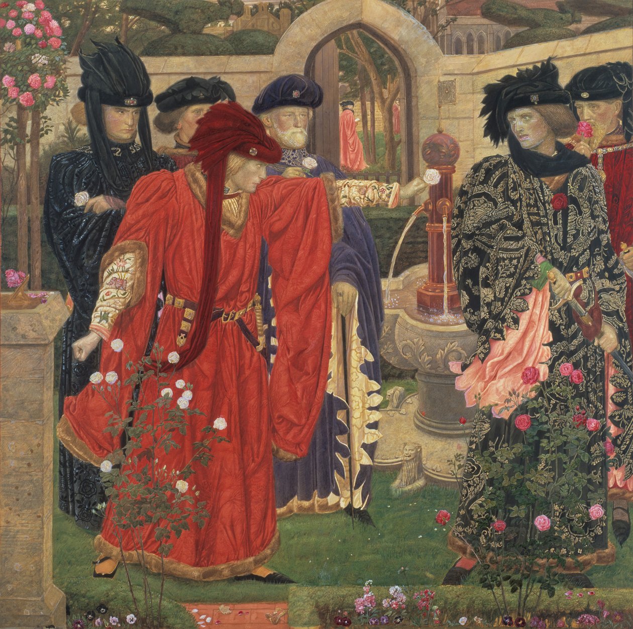 A vörös és fehér rózsák kiválasztása a templomkertben, 1910. alkotó: Henry Payne