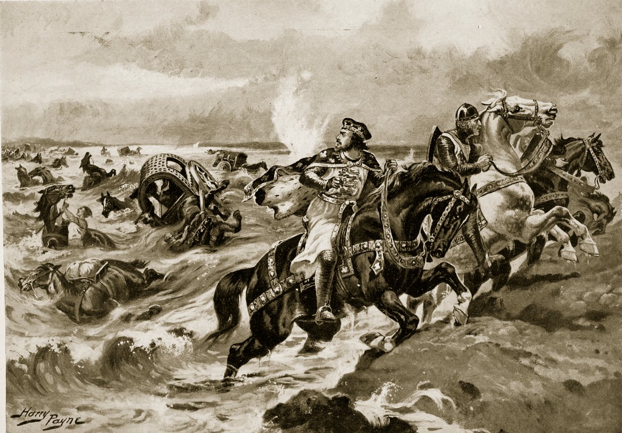 John elveszti a poggyászát, illusztráció a „Hutchinson története a brit nemzetről”, 1920 körül alkotó: Henry Payne