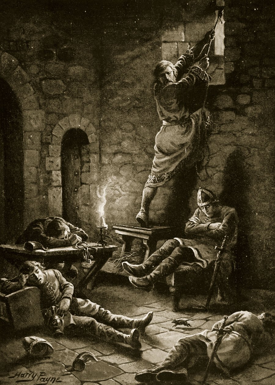 Ralph Flambard szökése a toronyból, illusztráció a „Hutchinson története a brit nemzetről”, 1920 körül alkotó: Henry Payne