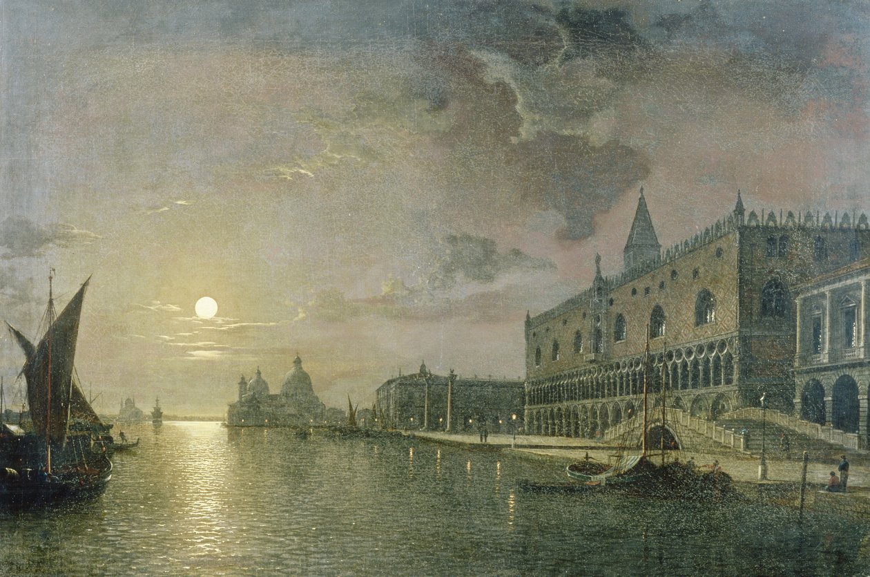 Holdfényes kilátás a Bacino Di San Marco-ra, Velence, a Doge palotával alkotó: Henry Pether
