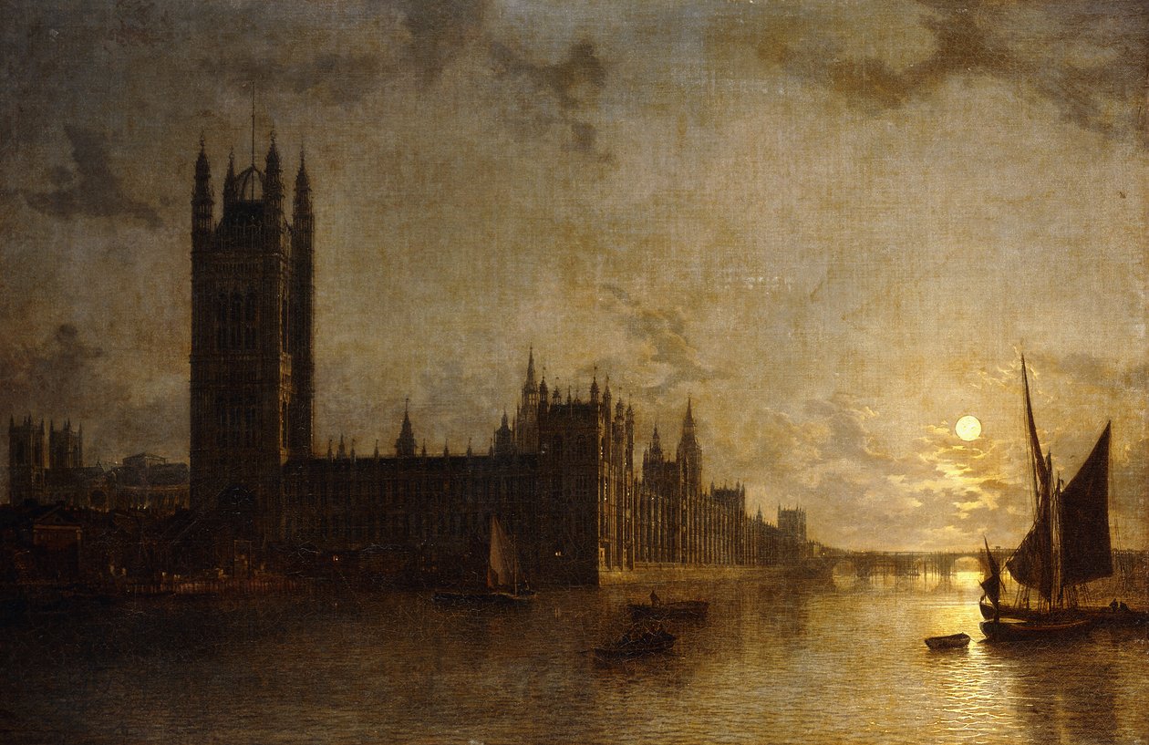 Westminster Abbey, A Parlament házai a Westminster híd építésével, 1859 alkotó: Henry Pether