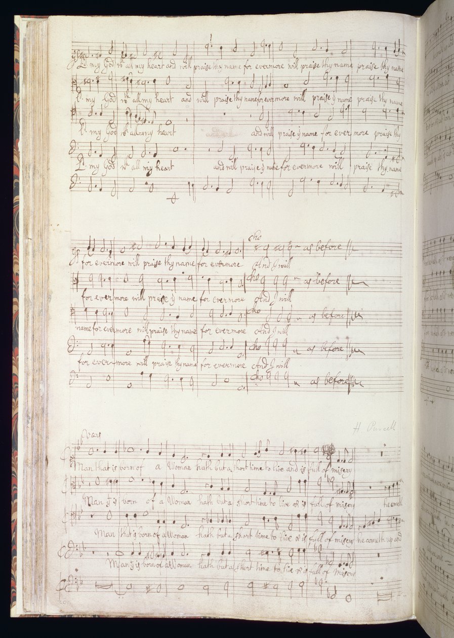 MU MS 88 f.102 "Man that is born of woman", oldal a Henry Purcell (1659-95) által komponált és írt angol himnuszok kötetéből 1673 (tinta, papír) alkotó: Henry Purcell