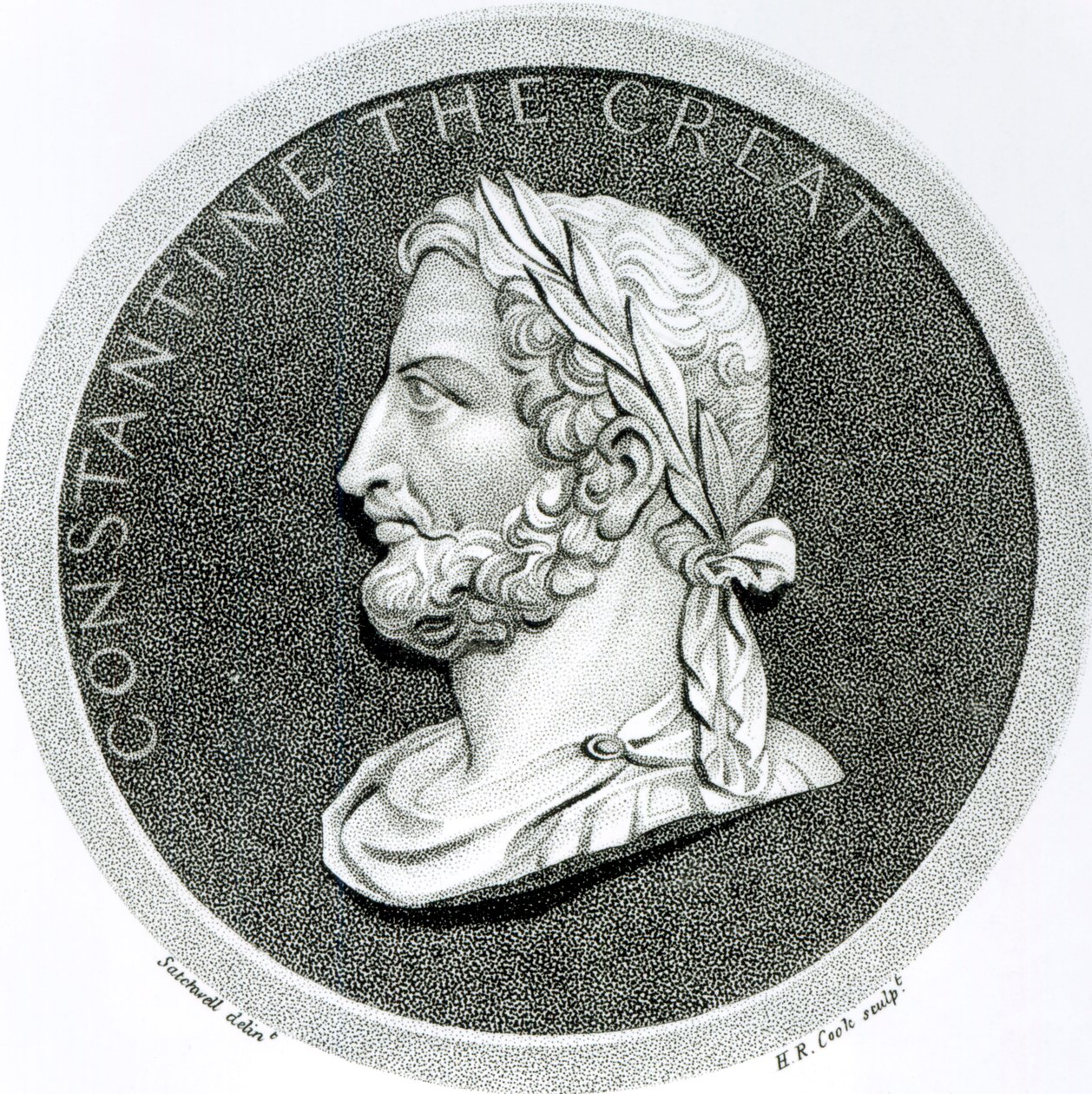 Nagy Konstantin portréja, „A Római Birodalom hanyatlásának és bukásának története”, 5. évf. 49. oldal, Edward Gibbon, 1808 alkotó: Henry R. Cook