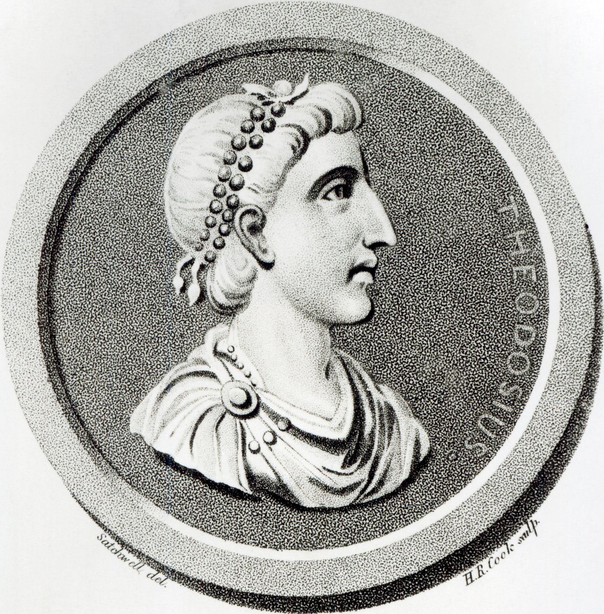 Theodosius portréja, „A Római Birodalom hanyatlásának és bukásának története”, 9. kötet, 139. oldal, Edward Gibbon, 1808 alkotó: Henry R. Cook