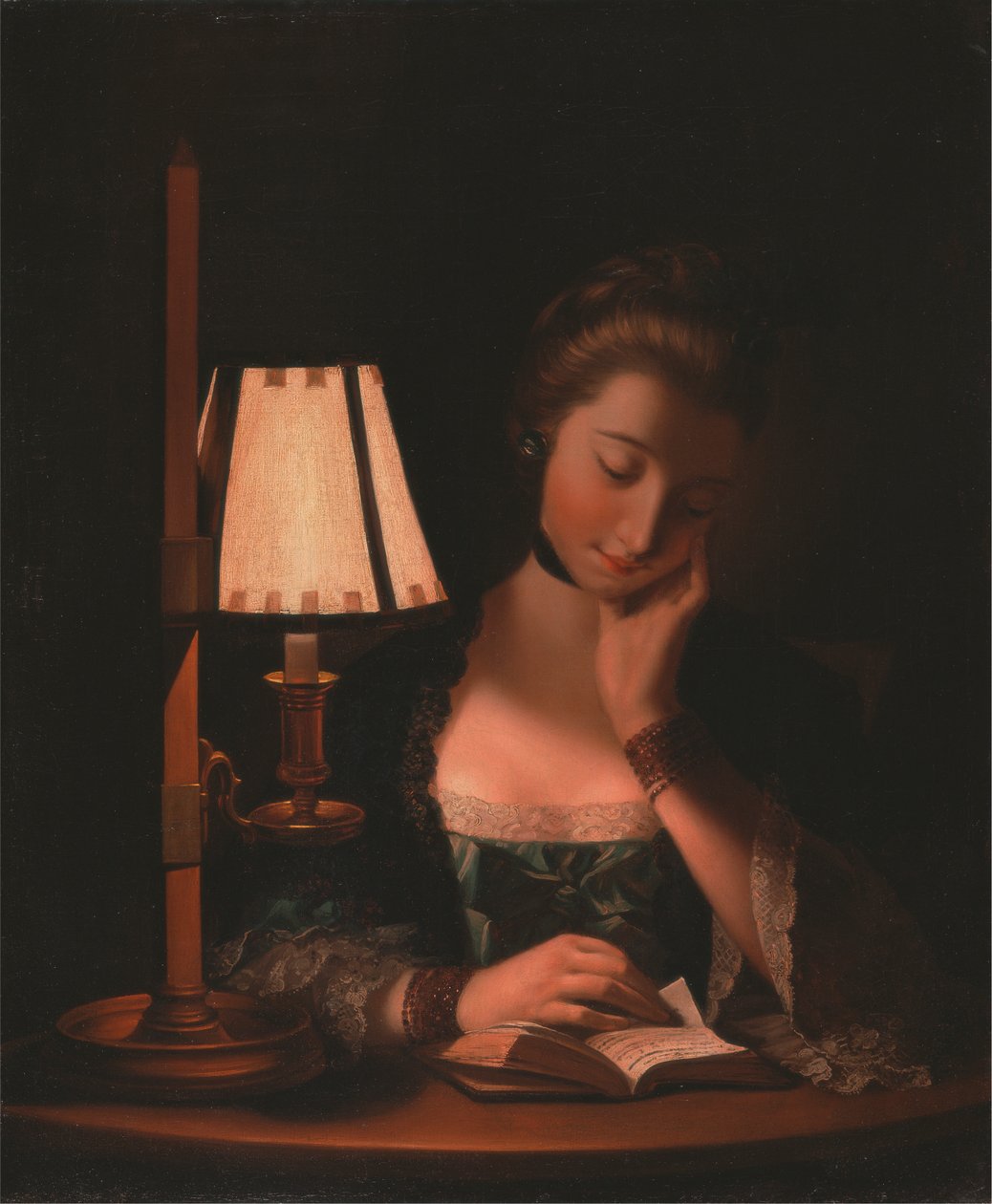 Nő olvas egy papírharang árnyékoló mellett alkotó: Henry Robert Morland