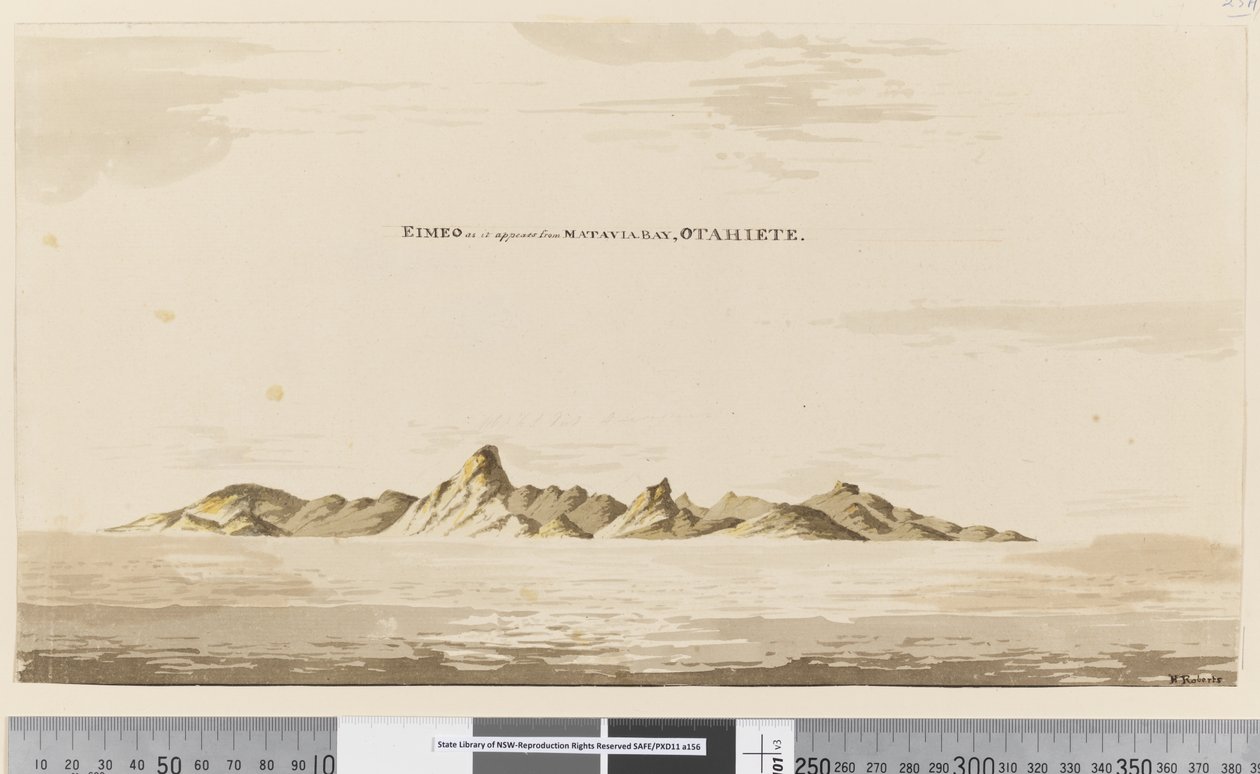 25aa Eimeo oldal, ahogyan a Matavai-öbölből látszik, Otahiete, 1768-75 (toll és tinta és mosás) alkotó: Henry Roberts