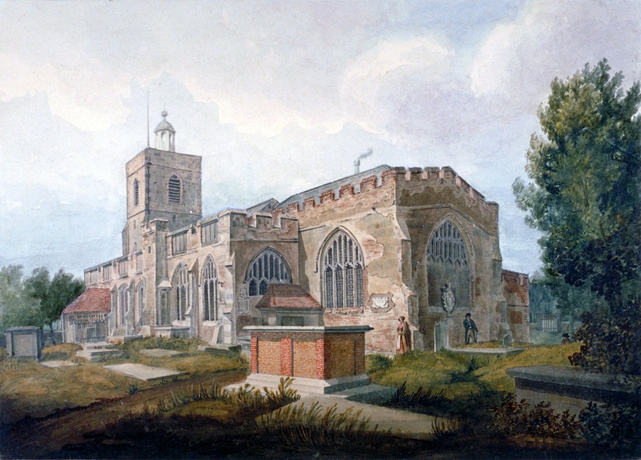 Délkeleti nézet a St Dunstan templomról, Stepney, London, 1820 alkotó: Henry Sass