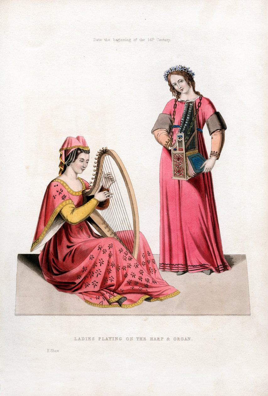 Hárfán és orgonán játszó hölgyek, 14. század eleje, 1843. alkotó: Henry Shaw