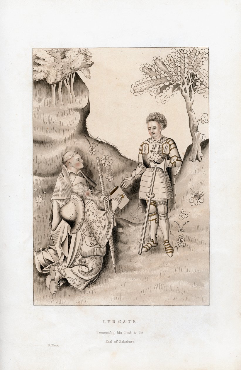 Lydgate bemutatja könyvét Salisbury grófjának, 1426, 1843. alkotó: Henry Shaw