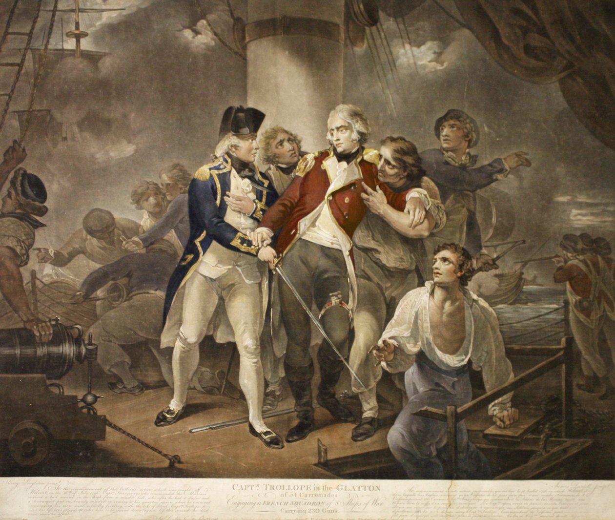 Trollope százados az 54 Carronades Glattonban Egy 230 ágyút szállító, 8 hadihajóból álló francia osztag bevonásával, James Daniell metszete, 1797 (mezzotint) alkotó: Henry Singleton