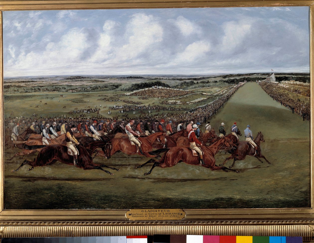 A fordulónál az angol derbi Gladiátor győztese Henri Alken festménye (1774-1850) 1865. Párizs, Societe biztatása - A fordulónál az angol derbi „” Gladiateur””” győztese. Henry Alken (1774-1850) festménye 1865. Societe d
