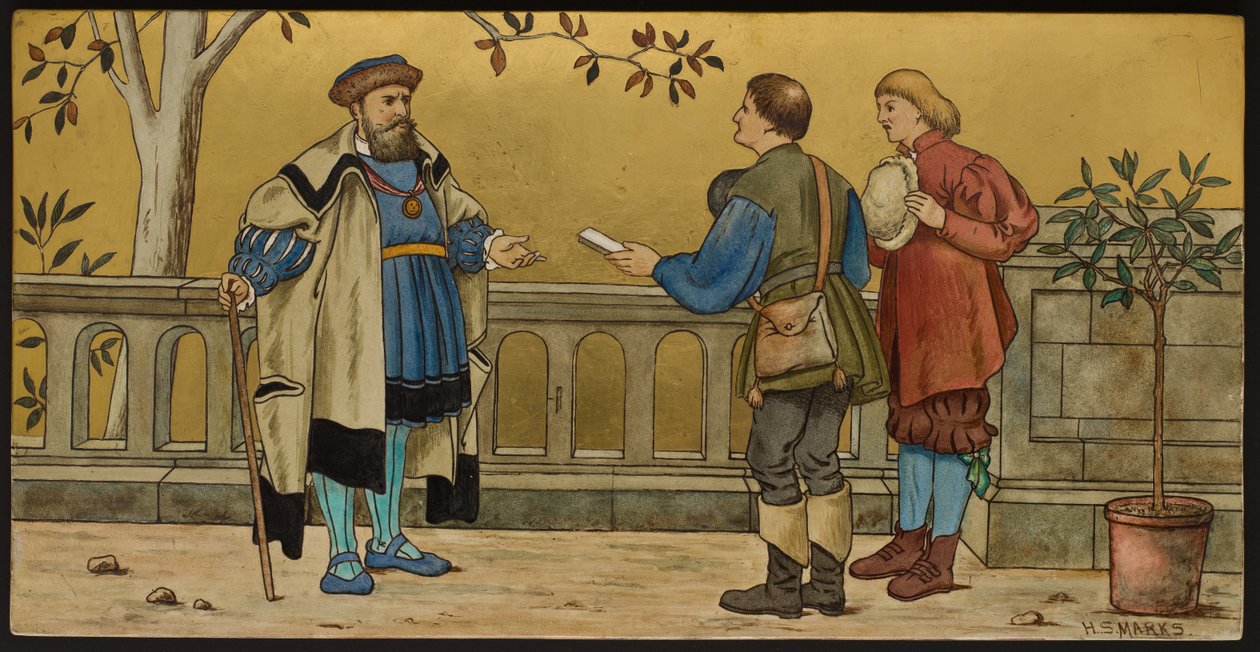 The Justice, Shakespeares Seven Ages illusztrációját ábrázoló emléktábla, Minton ware, Staffordshire, 1874 (zománcozott cserépedény) alkotó: Henry Stacey after Marks