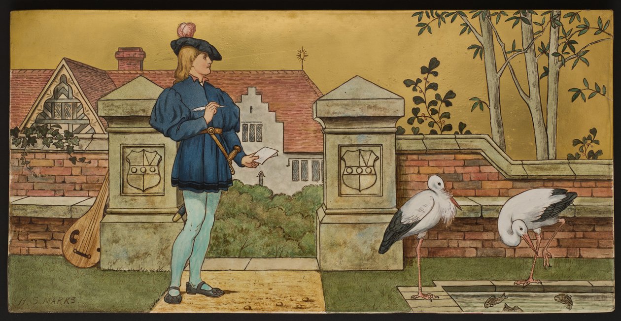 A szerető, Shakespeares Seven Ages illusztrációját ábrázoló emléktábla, Minton ware, Staffordshire, 1874 (zománcozott cserépedény) alkotó: Henry Stacey after Marks
