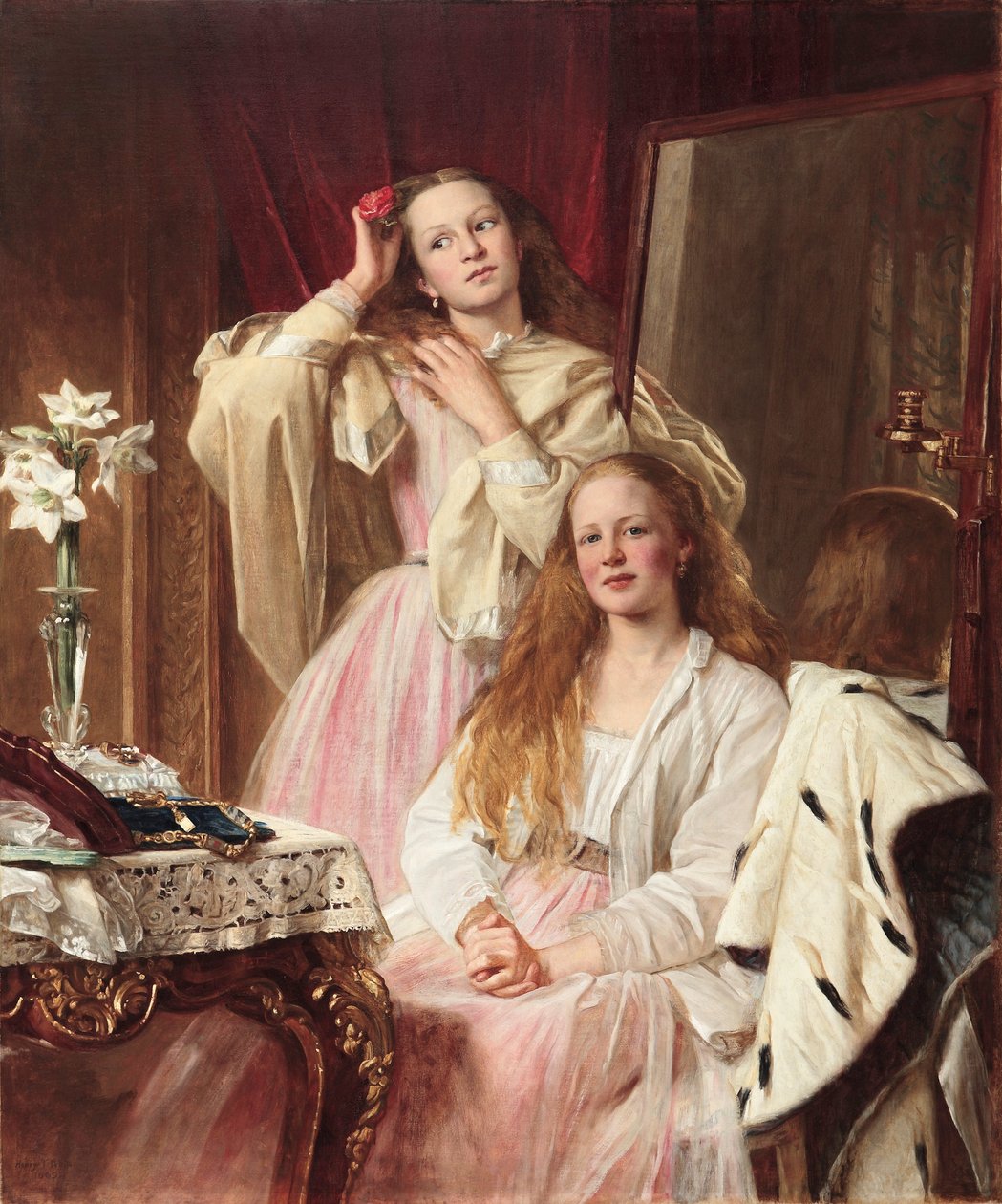 Emma és Frederica Bankes portréja a Soughton Hallból a fésülködőasztaluknál, 1869 alkotó: Henry Tanworth Wells