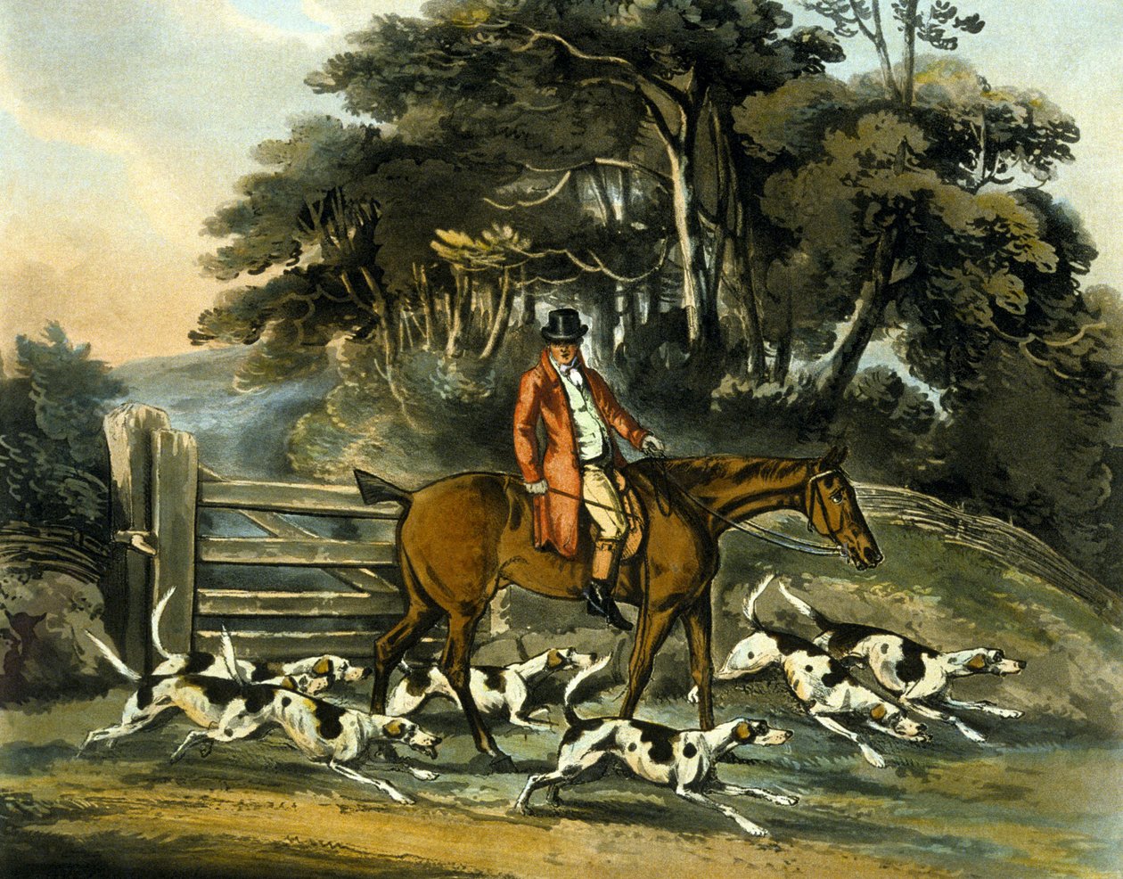 Going Out, a „Rókavadászat”-ból, Thomas Sutherland (1785-1838) metszete, 1817 (színes litó) alkotó: Henry Thomas (after) Alken