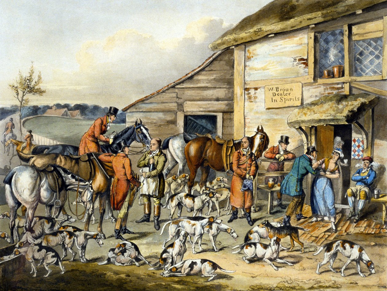 The Refreshment, a „Foxhunting”-ből, Thomas Sutherland (1785-1838) metszetében (színes litó) alkotó: Henry Thomas (after) Alken