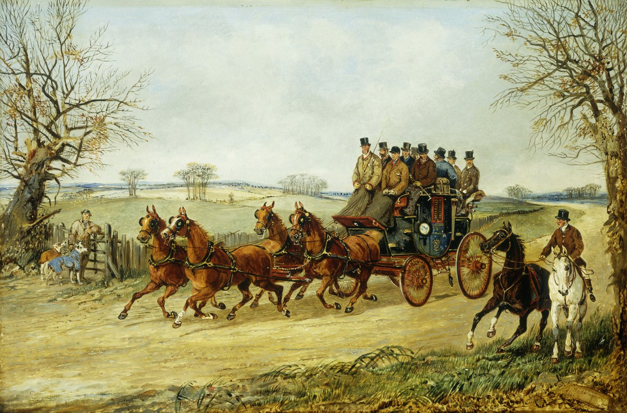 Egy edző és négyen egy őszi úton, alkotó: Henry Thomas Alken