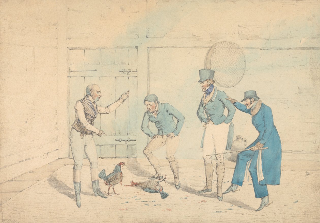 Négy férfi által egy melléképületben figyelt kakasviadal: A halál, a „The National Sports of Great Britain“ 40. táblájaként metszve alkotó: Henry Thomas Alken