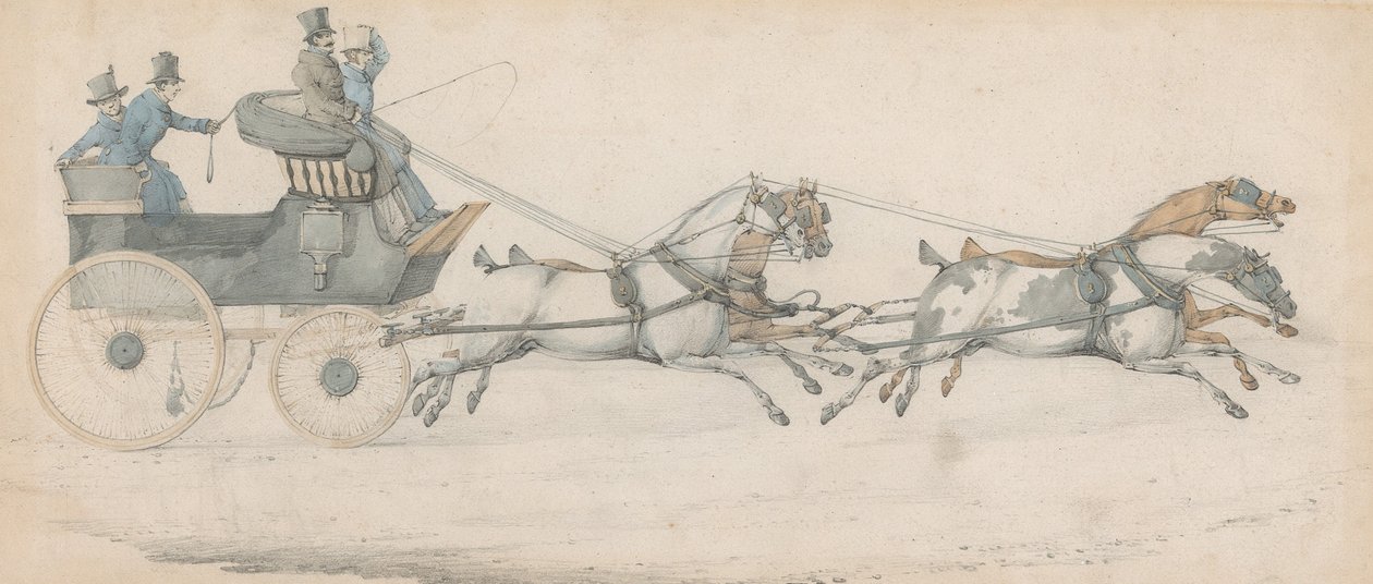 Egy úriember négyes fogatot hajt postakocsi előtt, három istállófiú kíséretében alkotó: Henry Thomas Alken