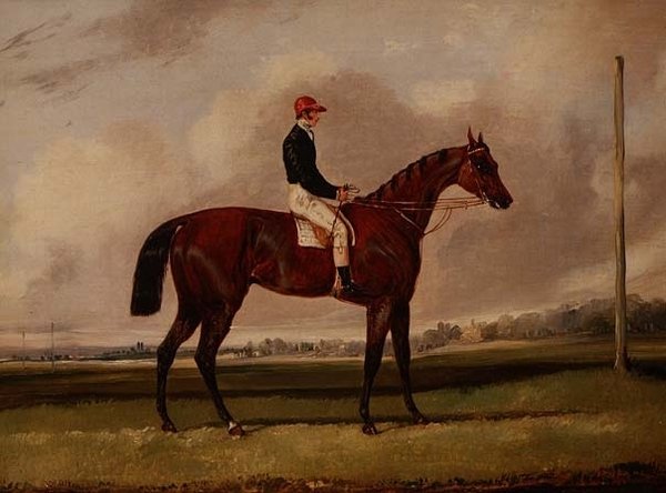 Bay Racehorse egy zsokéval a versenypályán alkotó: Henry Thomas Alken